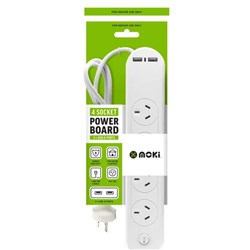 Moki 4 Outlet Powerboard With 2 USB-A Ports And Surge Overload Protection White