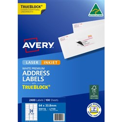 Avery Trueblock Address Labels Laser L7159 64 x 33.8mm 24UP 2400 Labels