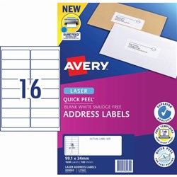 Avery Quick Peel Address Laser White L7162 99.1x34.2mm 16UP 1600 Labels 100 Sheets