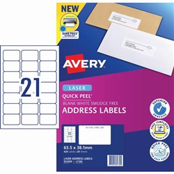 Avery Quick Peel Address Laser Labels White L7160 63.5x38.1mm 21UP 420 Labels 20 Sheets