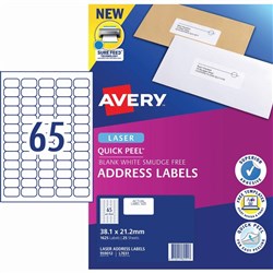 Avery Quick Peel Address Laser White L7651 38.1x21.2mm 65UP 1625 Labels 25 Sheets